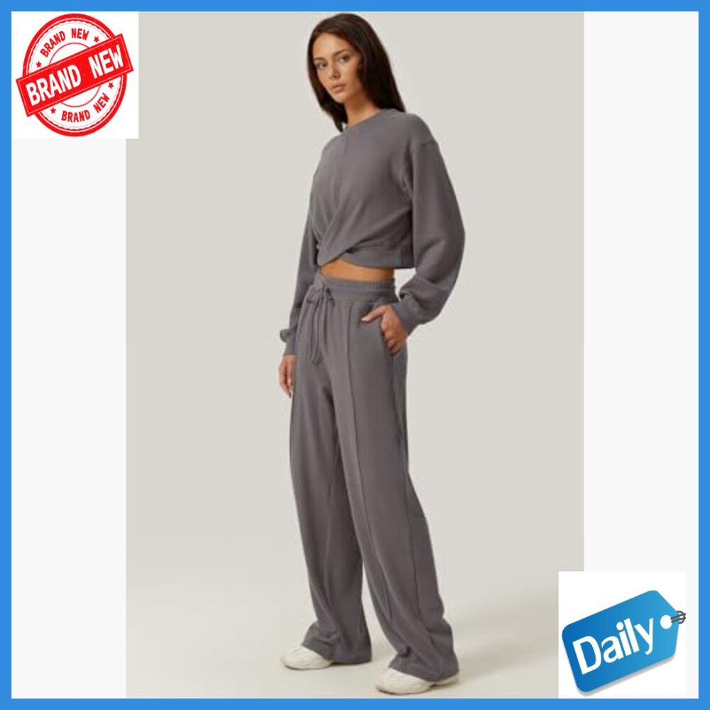 Large 2-Piece Tracksuit Set, Cropped Sweatshirt & Wide Leg Sweatpants, Athletic - Picture 4 of 7